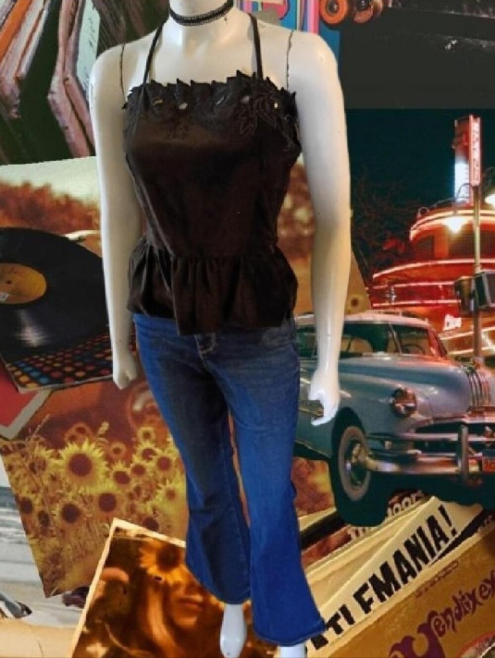VTG 70s Victoria 100% Cotton Brown Velour Embroidered Leaf Peplum Tank Top 13/14